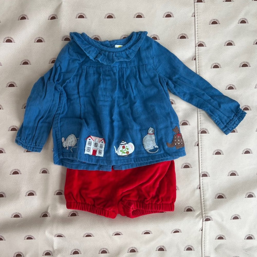 Baby Boden Blue Top & Red Bloomer Tea Kitten Playset